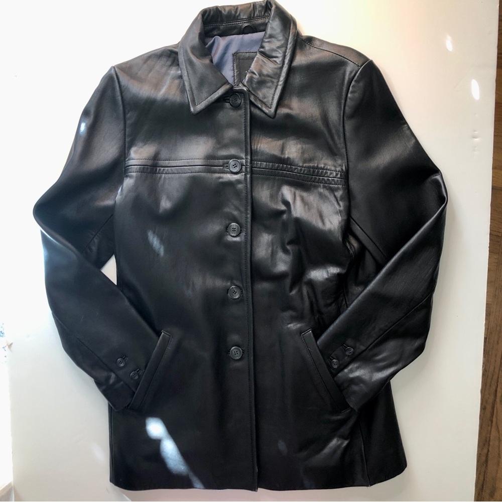 Black Genuine Leather 5 Button Pockets Classic Coat Jacket ColeB Co.